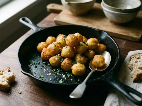 Pommes noisette dorées dans une poêle, petites billes de pomme de terre croustillantes parsemées de persil