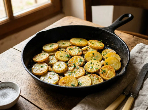 Pommes de terre sarladaises dorées à la graisse de canard avec persillade, en poêle en fonte