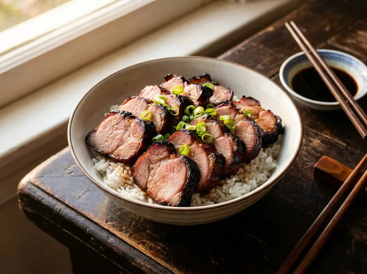 Porc char siu cantonais tranché, laque brillante et bords caramélisés, chair rosée, servi sur du riz vapeur avec cébette