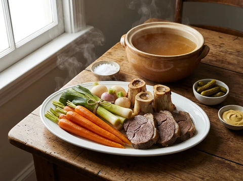 Pot-au-feu traditionnel dressé sur un grand plat : viandes tranchées, carottes, poireaux, navets et os à moelle, bouillon fumant