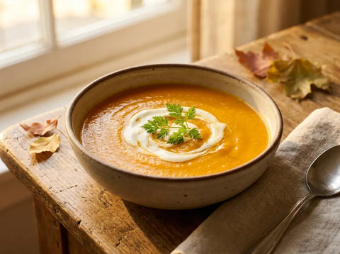 Potage Crécy, velouté de carottes orange dans un bol, filet de crème et cerfeuil