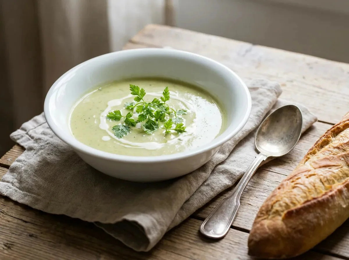 Potage Germiny, velouté d’oseille lié aux jaunes d’œufs dans un bol fin, quelques brins de cerfeuil