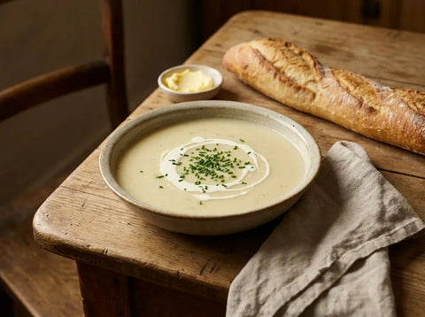 Potage Parmentier, velouté de pommes de terre et poireaux dans un bol, ciboulette ciselée et filet de crème