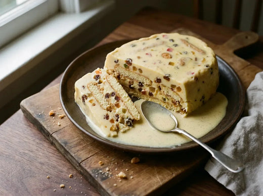 Pouding diplomate démoulé : entremets moulé aux biscuits à la cuillère et fruits confits, tranché pour révéler les couches