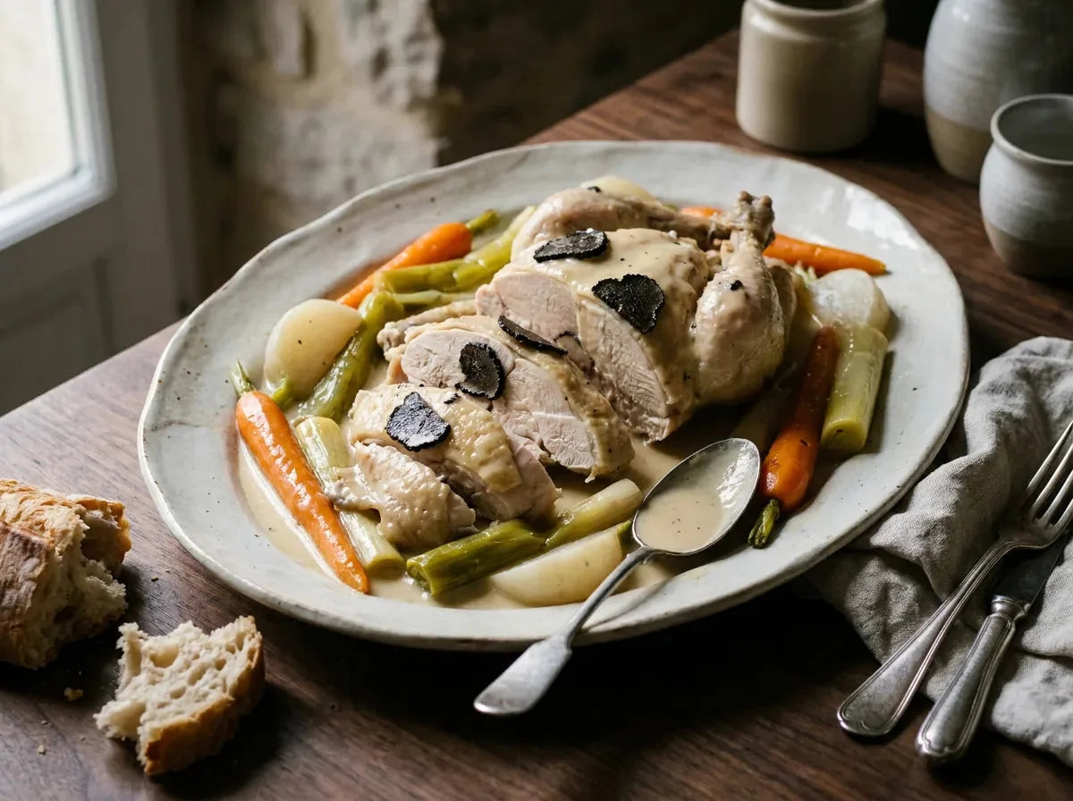 Poularde demi-deuil : volaille pochée aux lamelles de truffe noire visibles sous la peau, nappée de sauce suprême
