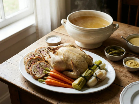 Poule au pot béarnaise farcie dans sa marmite : poule fermière pochée dans un bouillon d'or avec carottes, poireaux et navets, farce au jambon tranchée