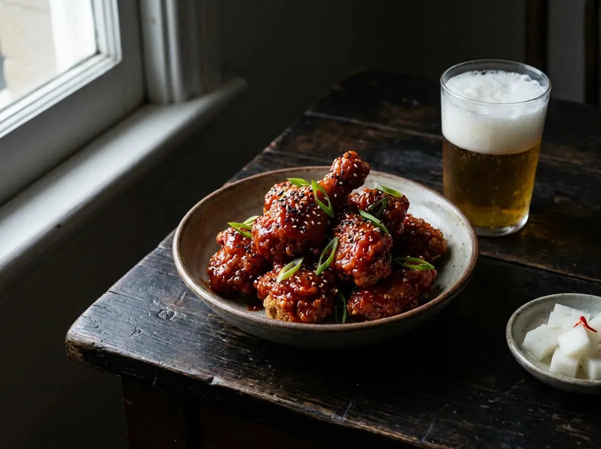 Poulet frit coréen yangnyeom : morceaux croustillants laqués d’une sauce rouge brillante au gochujang, parsemés de graines de sésame et de ciboule