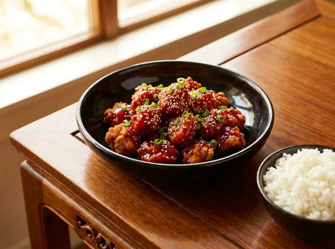 Poulet Général Tao croustillant nappé de sauce aigre-douce brillante, parsemé de graines de sésame et de cébette, servi sur du riz