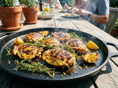 Morceaux de poulet marinés au citron et aux herbes en train de griller à la plancha, marques de cuisson dorées, quartiers de citron et herbes fraîches