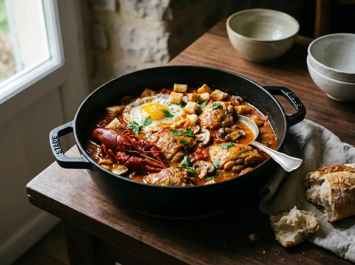 Poulet Marengo : morceaux de poulet sautés en sauce tomate garnis de champignons, écrevisses, œufs frits et croûtons