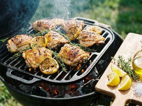 Morceaux de poulet marinés au citron et au thym, dorés au barbecue, garnis de rondelles de citron et de thym frais