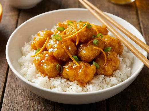 Poulet à l’orange croustillant nappé d’une sauce brillante, parsemé de zestes d’orange et servi avec un riz nature