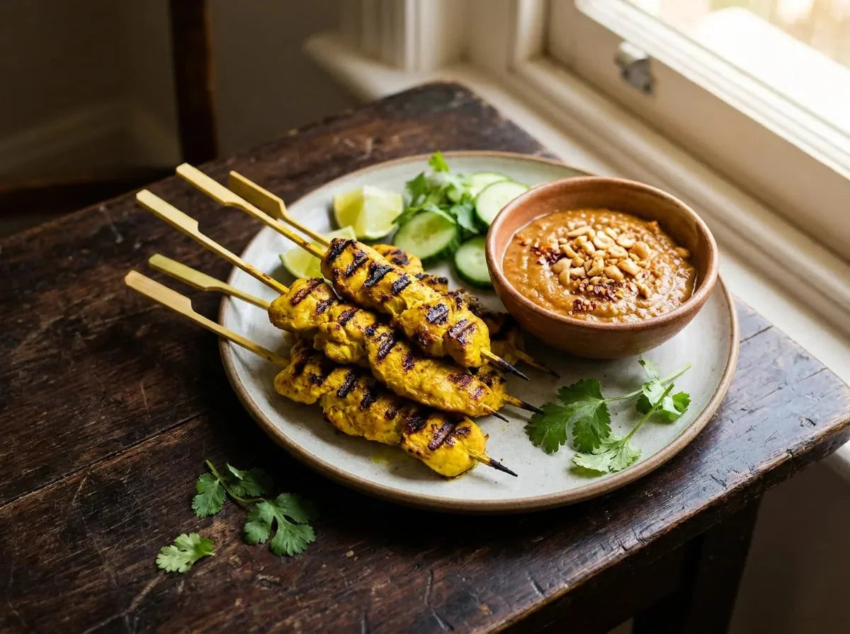 Brochettes de poulet satay grillées et dorées au curcuma, servies avec une sauce cacahuète onctueuse et des cacahuètes concassées