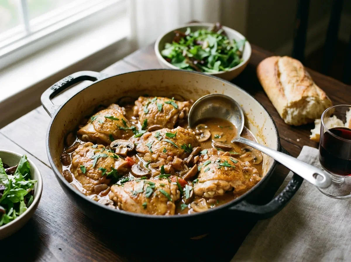 Poulet sauté chasseur : morceaux de poulet dorés dans une sauce aux champignons, échalote et tomate, parsemés d’estragon et de persil