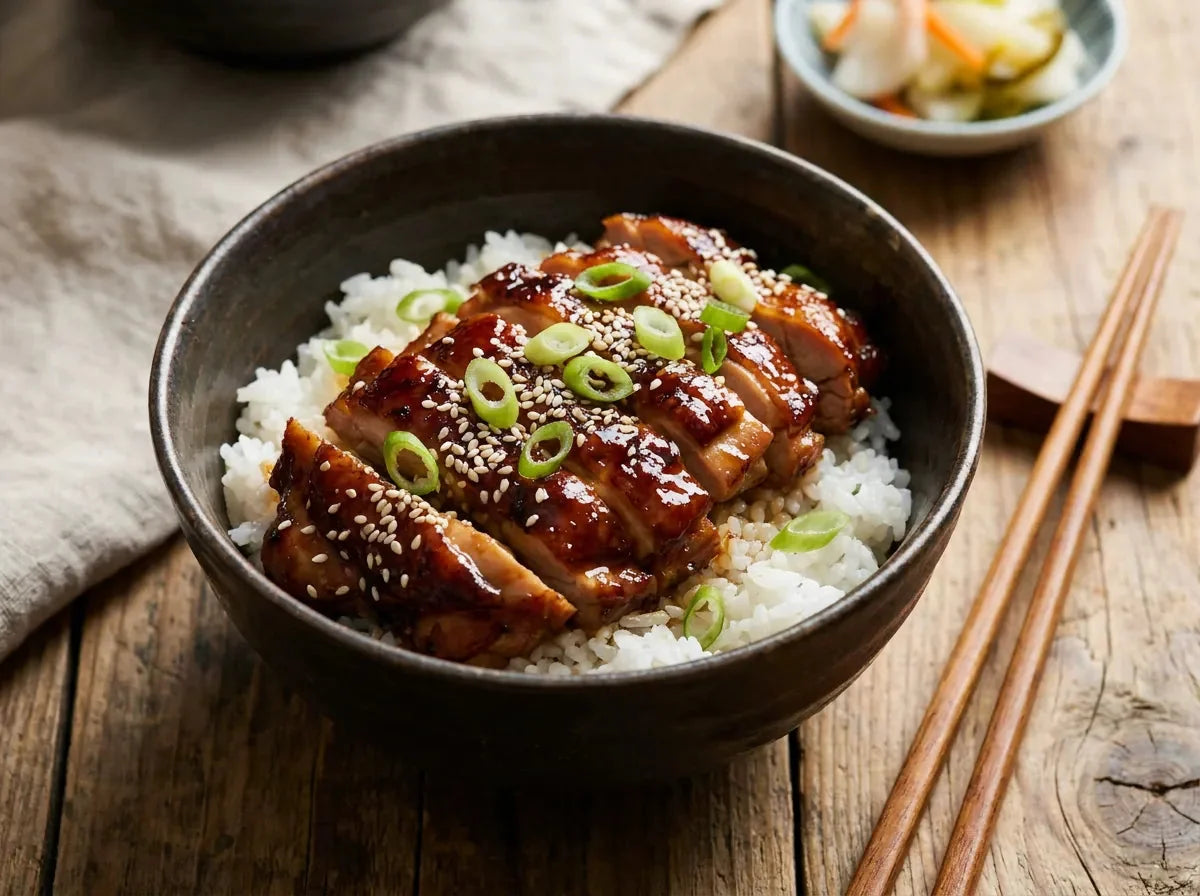 Poulet teriyaki laqué et brillant, tranché sur un bol de riz blanc, parsemé de graines de sésame et de ciboule
