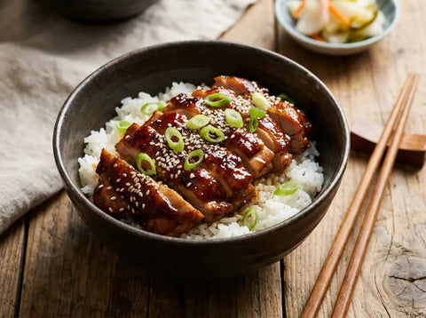 Poulet teriyaki laqué et brillant, tranché sur un bol de riz blanc, parsemé de graines de sésame et de ciboule