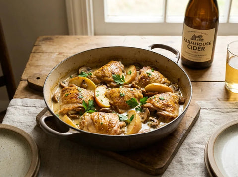 Poulet vallée d’Auge mijoté au cidre et à la crème, avec pommes poêlées et champignons dans une cocotte