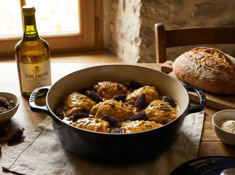 Poulet fermier nappé d’une sauce crémeuse au vin jaune du Jura et aux morilles, servi en cocotte
