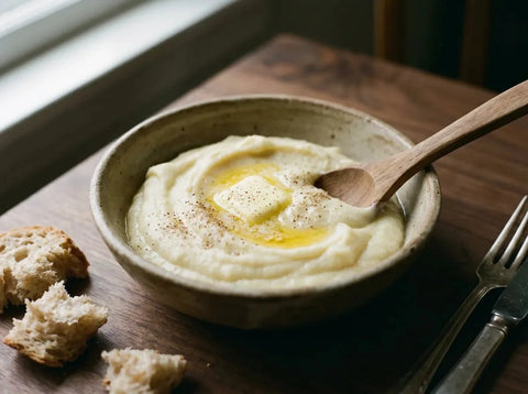 Purée Soubise onctueuse d'oignons au riz montée à la crème, servie en quenelle dans une assiette classique