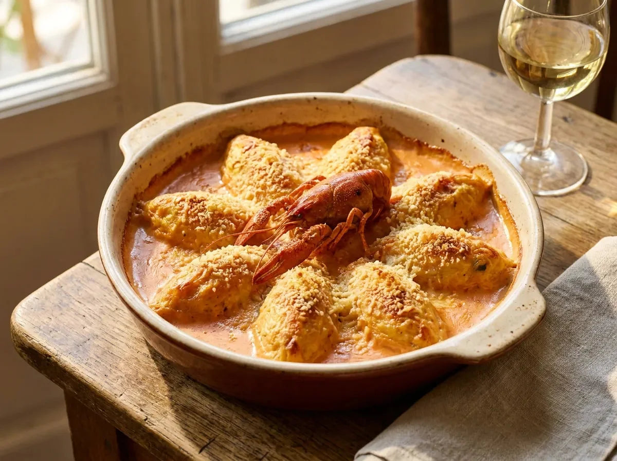 Quenelles de brochet gonflées dans un plat, nappées d’une sauce Nantua rose crémée aux écrevisses et gratinée au four