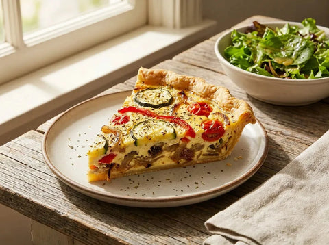 Part de quiche aux légumes du soleil : courgette, tomate, poivron et oignon sur pâte dorée, appareil crémeux bien cuit