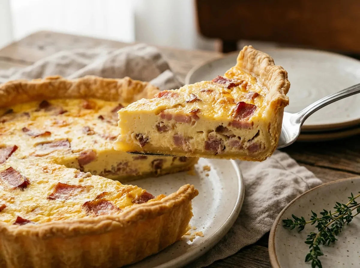 Quiche lorraine traditionnelle dorée aux lardons, part découpée montrant la migaine onctueuse aux œufs et à la crème