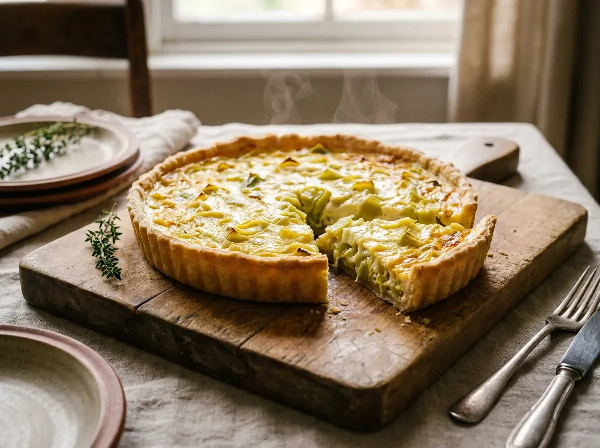 Quiche aux poireaux dorée, part coupée montrant la fondue de poireaux fondants prise dans un appareil crémeux sur pâte brisée