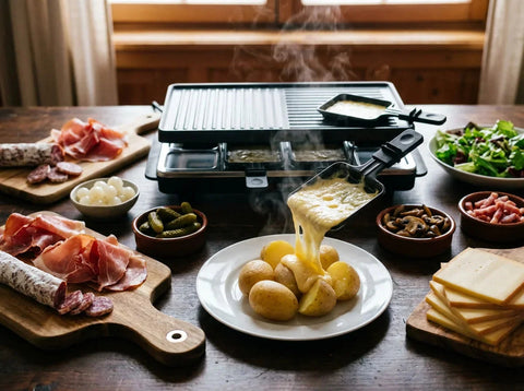 Table de raclette dressée : appareil à coupelles, fromage fondu versé sur des pommes de terre, planches de charcuterie et bols de condiments