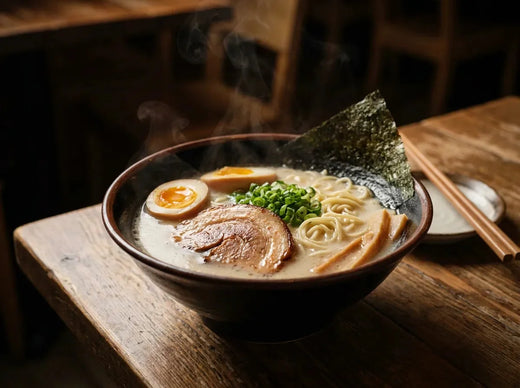 Bol de ramen tonkotsu : bouillon d’os de porc blanc et crémeux, nouilles, tranche de chashu, demi-œuf mollet mariné et oignon nouveau