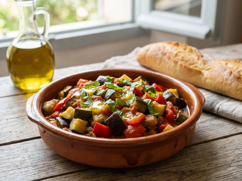 Ratatouille provençale aux légumes distincts en plat de terre cuite avec basilic