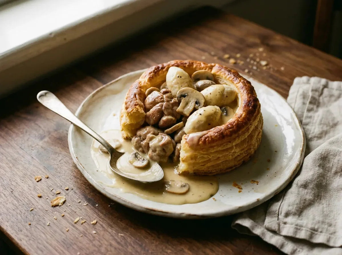 Ris de veau à la toulousaine crémés avec quenelles et champignons en vol-au-vent, sauce blanche blonde