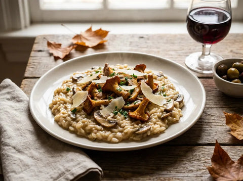 Assiette de risotto aux champignons crémeux : riz Arborio all’onda, champignons dorés, parmesan et persil