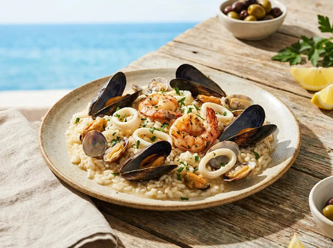 Assiette de risotto aux fruits de mer : riz nacré, moules et palourdes en coquille, gambas et calamars, persil, sans fromage