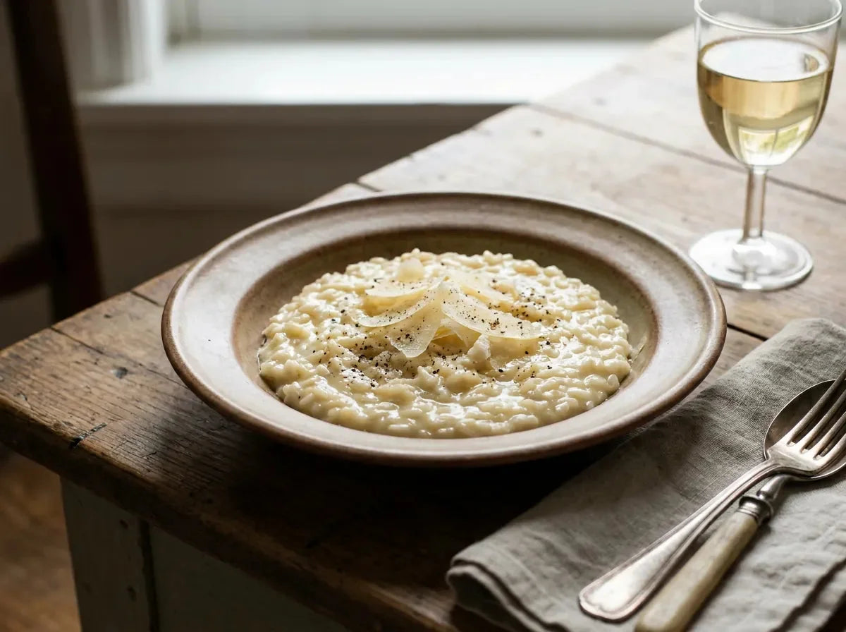 Assiette de risotto au parmesan crémeux et brillant, texture all’onda, copeaux de parmesan et poivre