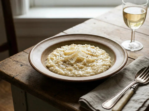 Assiette de risotto au parmesan crémeux et brillant, texture all’onda, copeaux de parmesan et poivre