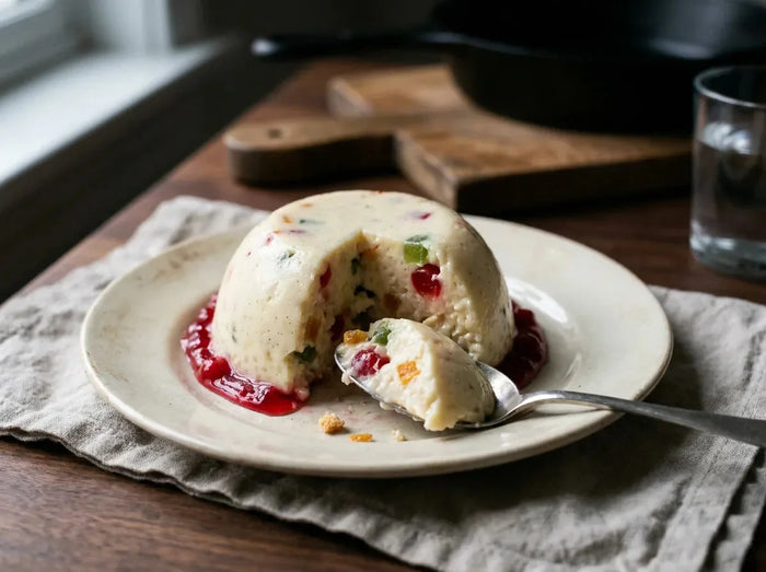 Riz à l’impératrice démoulé : entremets froid au riz, crème bavaroise et fruits confits, sur une fine couche de gelée de groseille