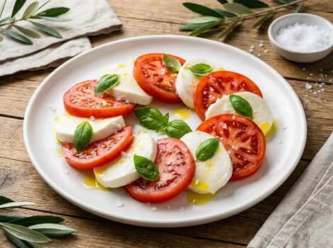 Salade caprese dressée : tranches de tomate mûre et de mozzarella alternées, feuilles de basilic frais, fleur de sel et filet d’huile d’olive