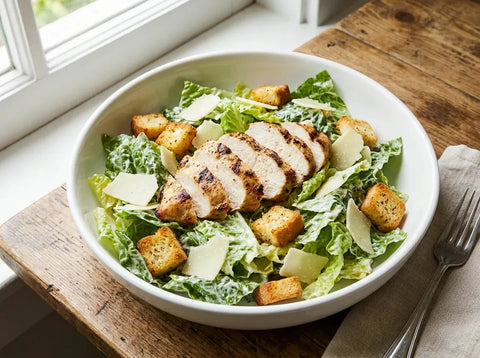 Salade César au poulet grillé : romaine croquante, poulet tranché, croûtons dorés, copeaux de parmesan et sauce crémeuse