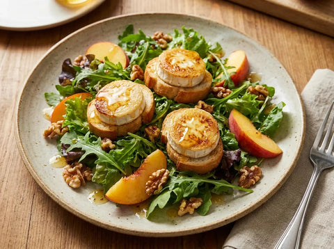 Salade de chèvre chaud estivale : toasts de chèvre gratinés au miel sur mesclun, quartiers de pêche et cerneaux de noix