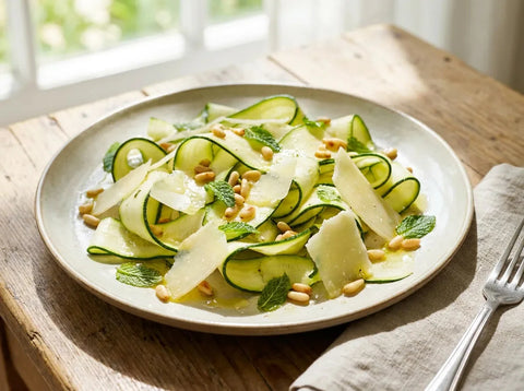 Salade de courgettes crues au parmesan : fines lamelles de courgette, copeaux de parmesan, pignons torréfiés et menthe