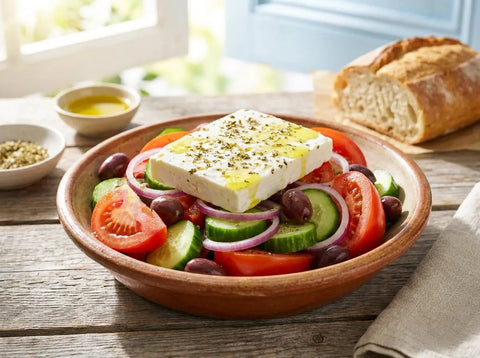Salade grecque horiatiki : tomates, concombre, oignon rouge, olives de Kalamata et un pavé de feta à l’origan et à l’huile d’olive