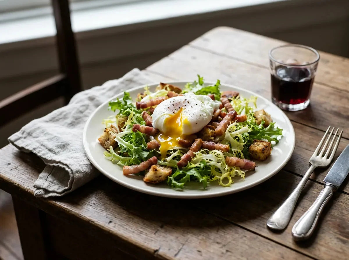 Salade lyonnaise : frisée, lardons dorés, croûtons et œuf poché au jaune coulant sur le dessus