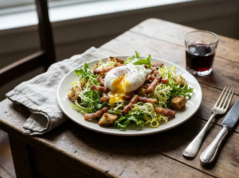 Salade lyonnaise : frisée, lardons dorés, croûtons et œuf poché au jaune coulant sur le dessus