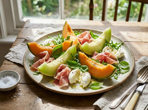 Salade d’été de melon, jambon cru et mozzarella avec roquette, basilic et filet d’huile d’olive sur un plat