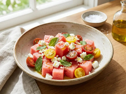 Salade de pastèque, feta et menthe : cubes de pastèque, dés de feta, tomates cerises et menthe fraîche dans un saladier