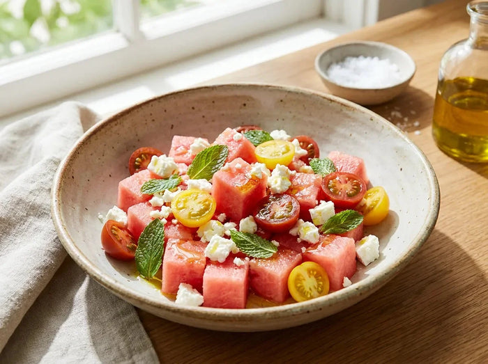 Salade de pastèque, feta et menthe : cubes de pastèque, dés de feta, tomates cerises et menthe fraîche dans un saladier