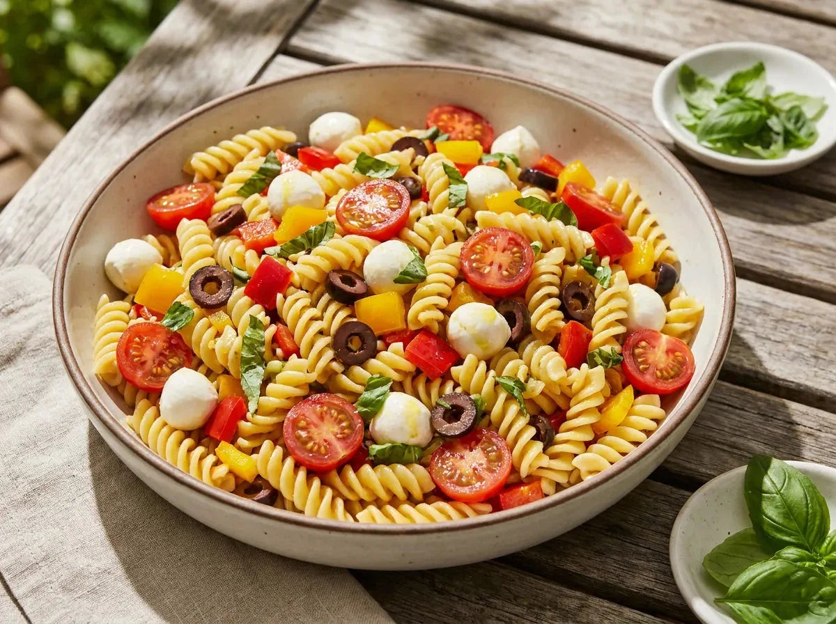 Salade de pâtes estivale dans un grand saladier : fusilli, tomates cerises, billes de mozzarella, dés de poivron, olives noires et basilic frais
