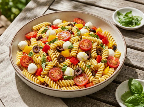 Salade de pâtes estivale dans un grand saladier : fusilli, tomates cerises, billes de mozzarella, dés de poivron, olives noires et basilic frais