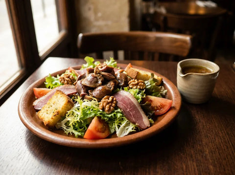 Salade périgourdine dans une assiette : feuilles croquantes, gésiers de canard confits tièdes, tranches de magret séché, cerneaux de noix et croûtons