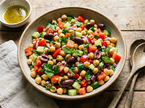 Salade méditerranéenne aux pois chiches, tomates, concombre, poivron rouge, oignon, olives noires et herbes fraîches dans un grand saladier